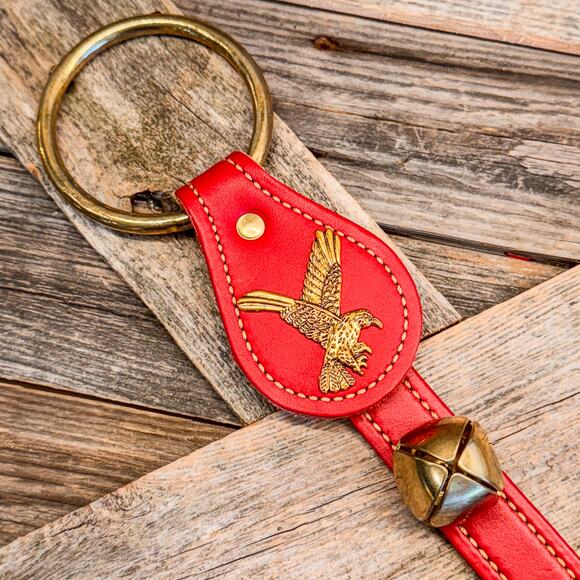 Belsnickel Eagle Charm Red Leather 3 Brass Bell Strap Door Hanger, 14.5”H - Picture 5 of 8